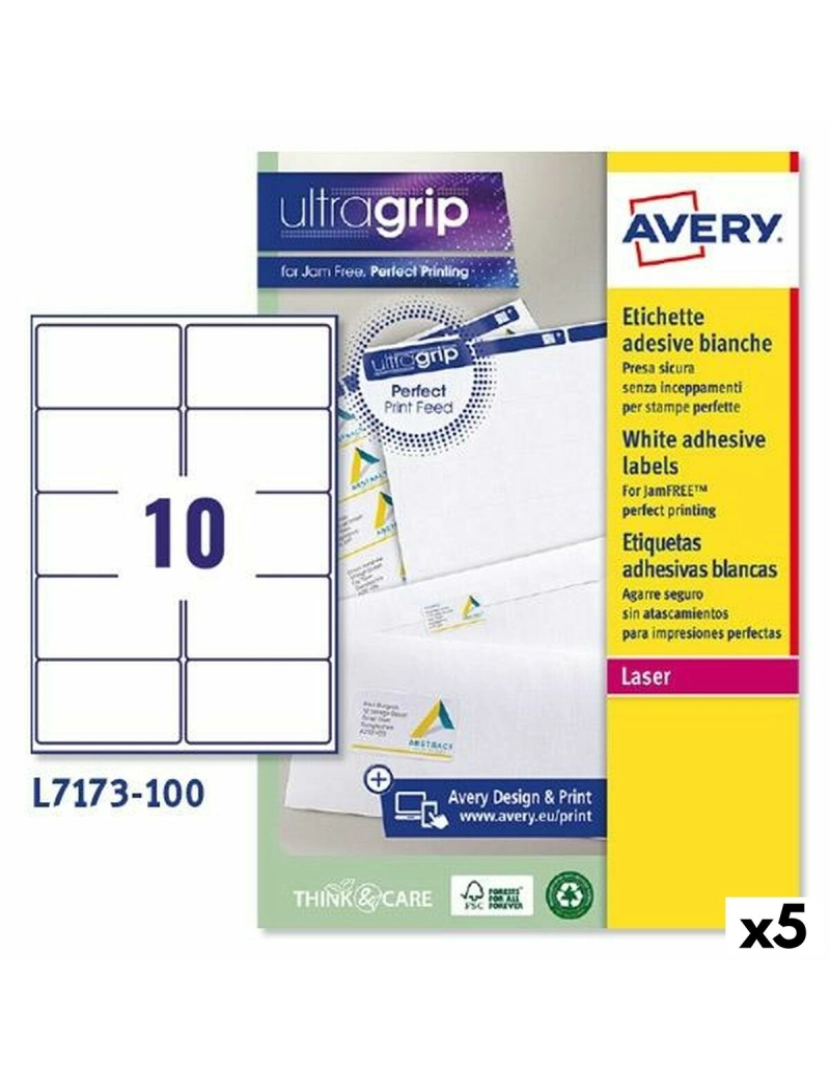 Avery - Etiquetas para Impressora Avery L7173 Branco 100 Folhas 99,1 x 57 mm (5 Unidades)