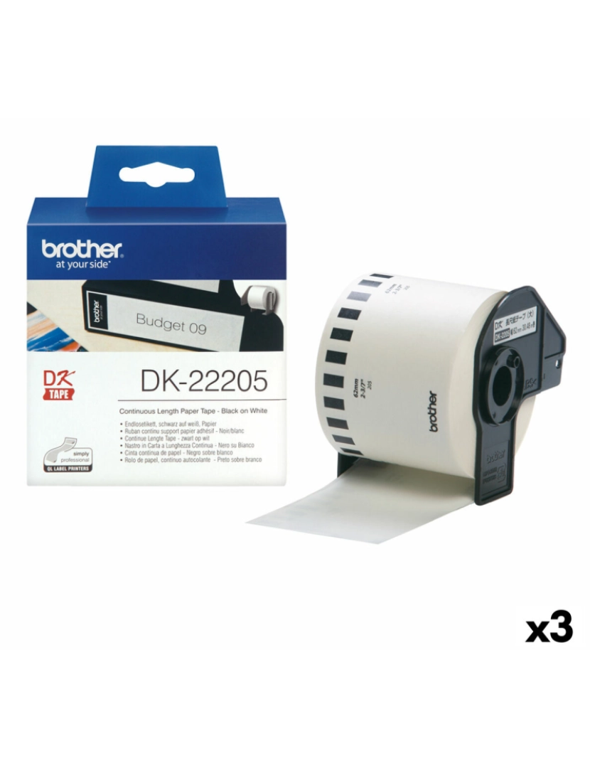 Brother - Rolo de Papel Contínuo Brother DK-22205 Preto/Branco (3 Unidades)