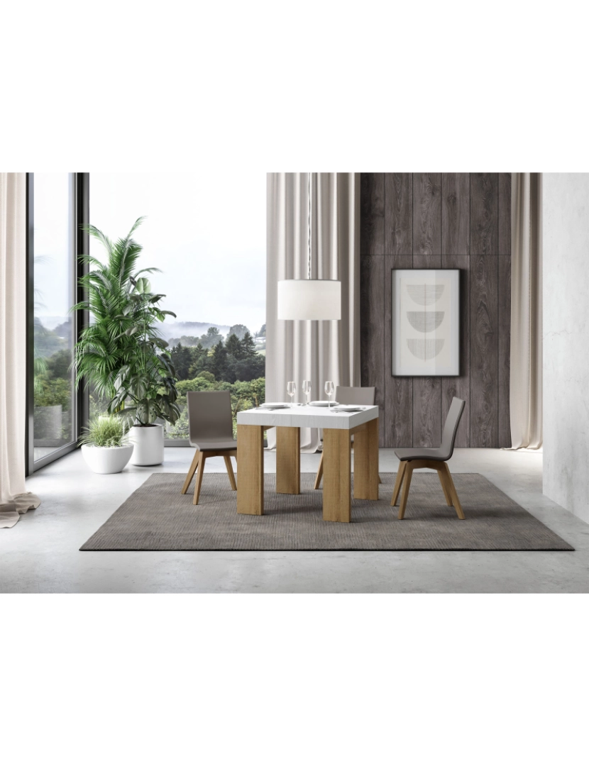 imagem de Mesa de jantar extensível 90x90/246 cm Roxell Mix plano Cinza Branca - pernas Carvalho Natural2