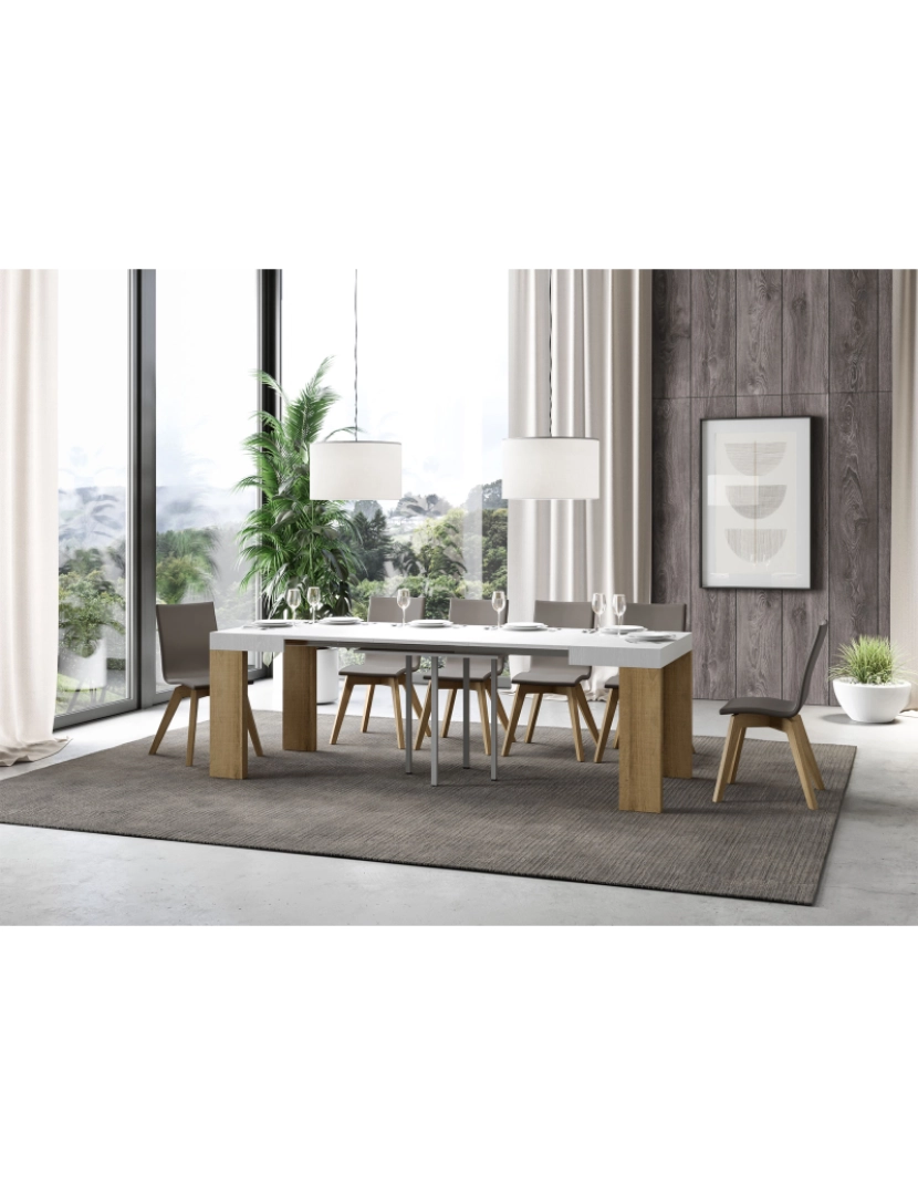 imagem de Mesa de jantar extensível 90x90/246 cm Roxell Mix plano Cinza Branca - pernas Carvalho Natural3