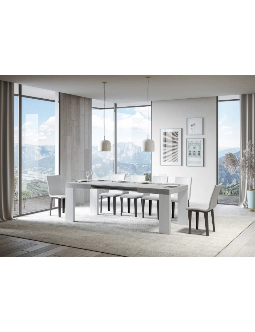 imagem de Mesa de jantar extensível 90x130/390 cm Roxell Mix plano Cimento - pernas Cinza Branca3