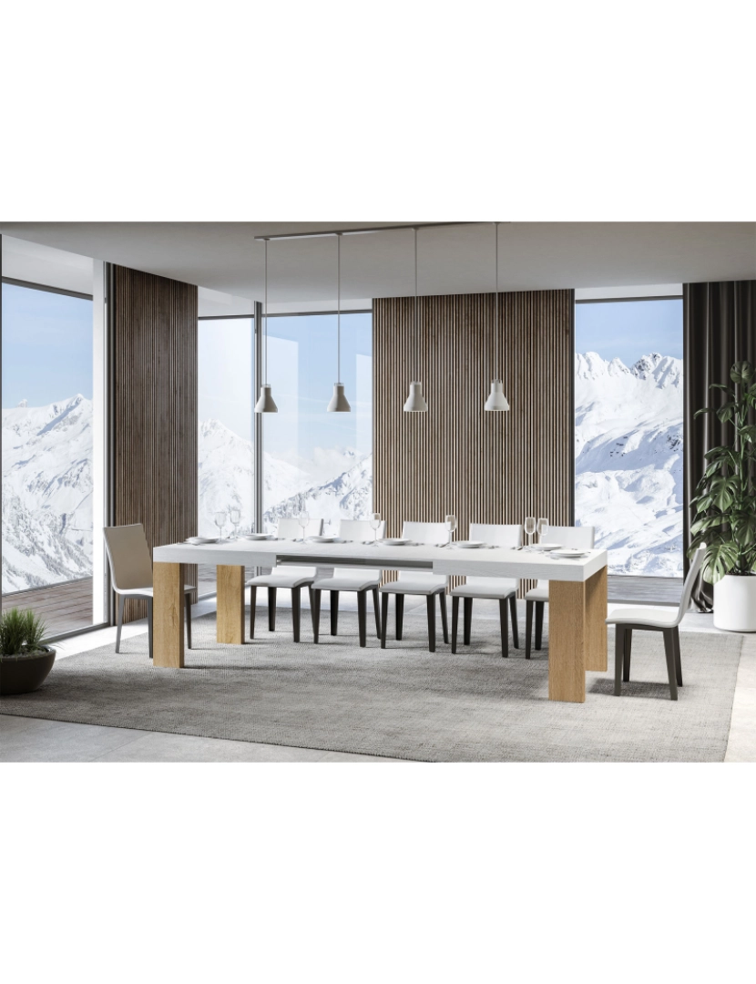 imagem de Mesa de jantar extensível 90x160/420 cm Roxell Mix plano Cinza Branca - pernas Carvalho Natural3