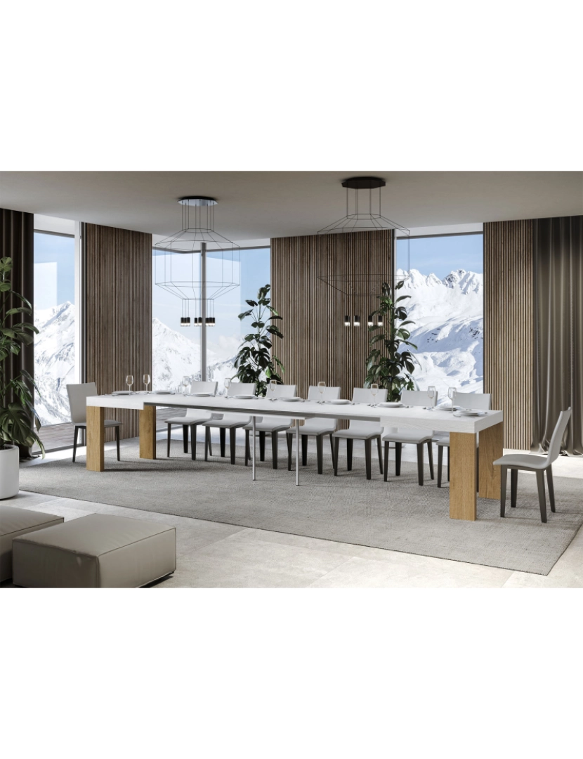 imagem de Mesa de jantar extensível 90x160/420 cm Roxell Mix plano Cinza Branca - pernas Carvalho Natural4