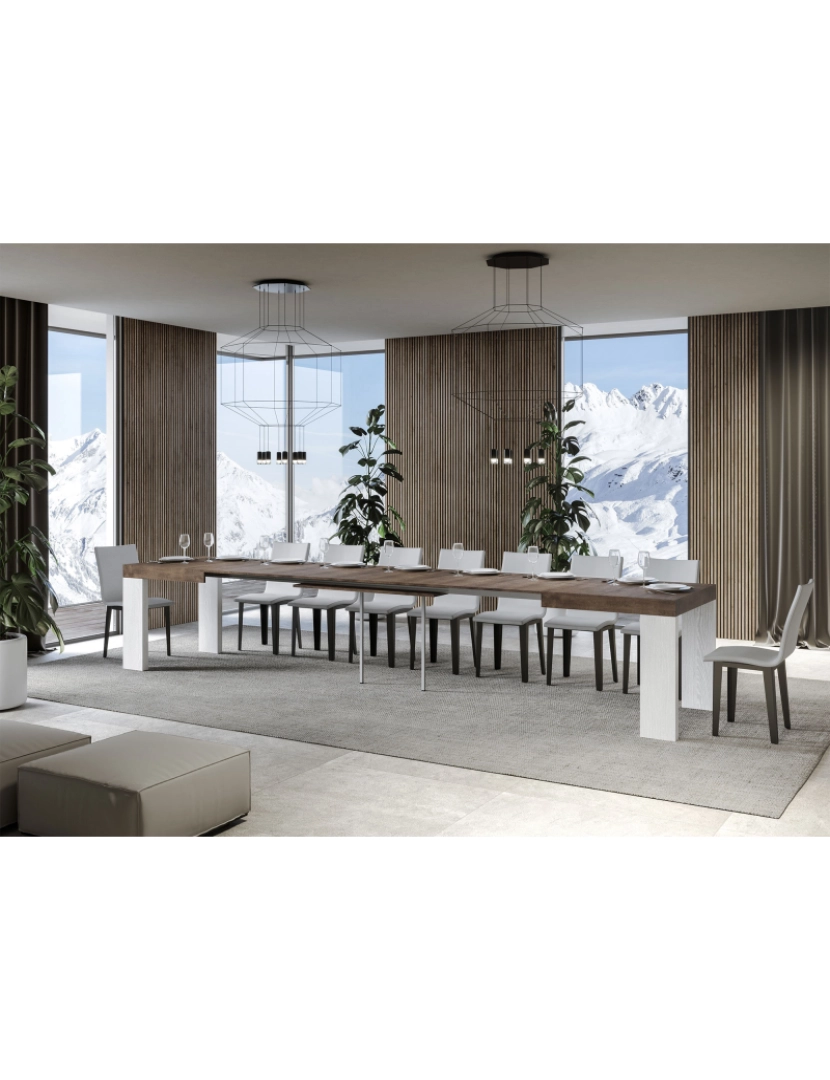 imagem de Mesa de jantar extensível 90x160/420 cm Roxell Mix plano Nogueira - pernas Cinza Branca4