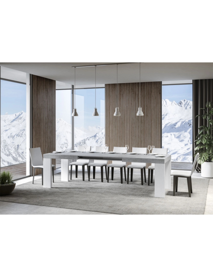 imagem de Mesa de jantar extensível 90x160/420 cm Roxell Mix plano Cimento - pernas Cinza Branca3