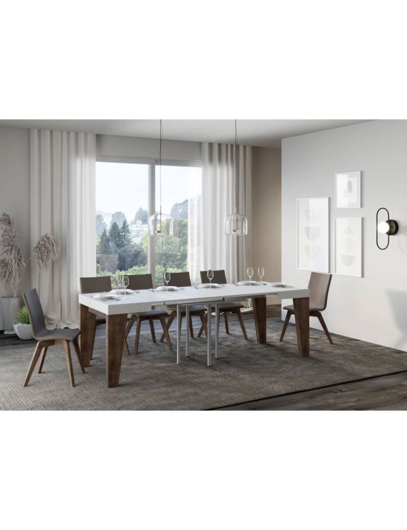 imagem de Mesa de jantar extensível 90x90/246 cm Naxy Mix plano Cinza Branca - pernas Nogueira3