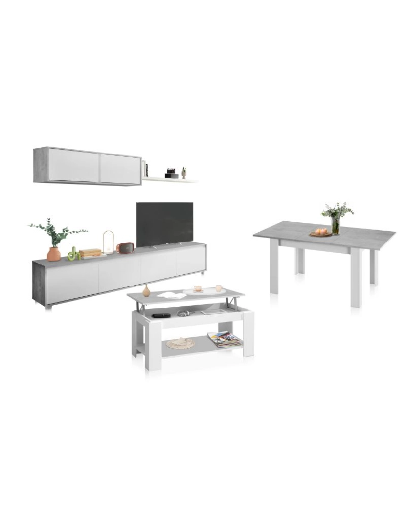 Duehome - Pack salón con mesa de centro y mesa de comedor Arlet Blanco Artik (Blanco Mate) - Gris Cemento 200 x 43 x 41 cm