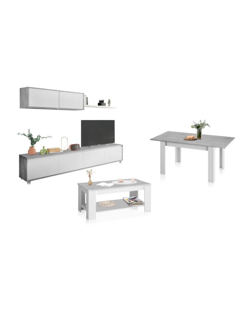 imagem de Pack salón con mesa de centro y mesa de comedor Arlet Blanco Artik (Blanco Mate) - Gris Cemento 200 x 43 x 41 cm2
