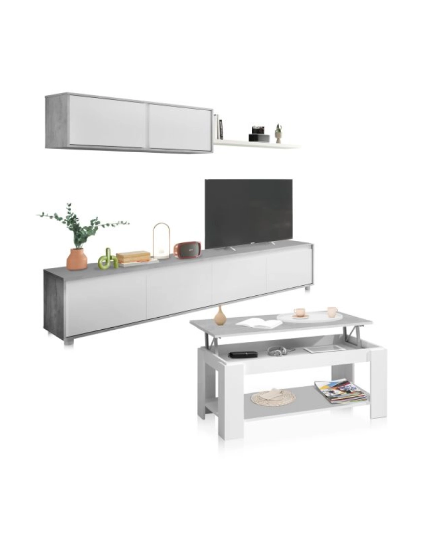 Duehome - Pack sala de estar com mesa de centro Arlet Blanco Artik (Blanco Mate) - Gris Cemento 200 x 43 x 41 cm