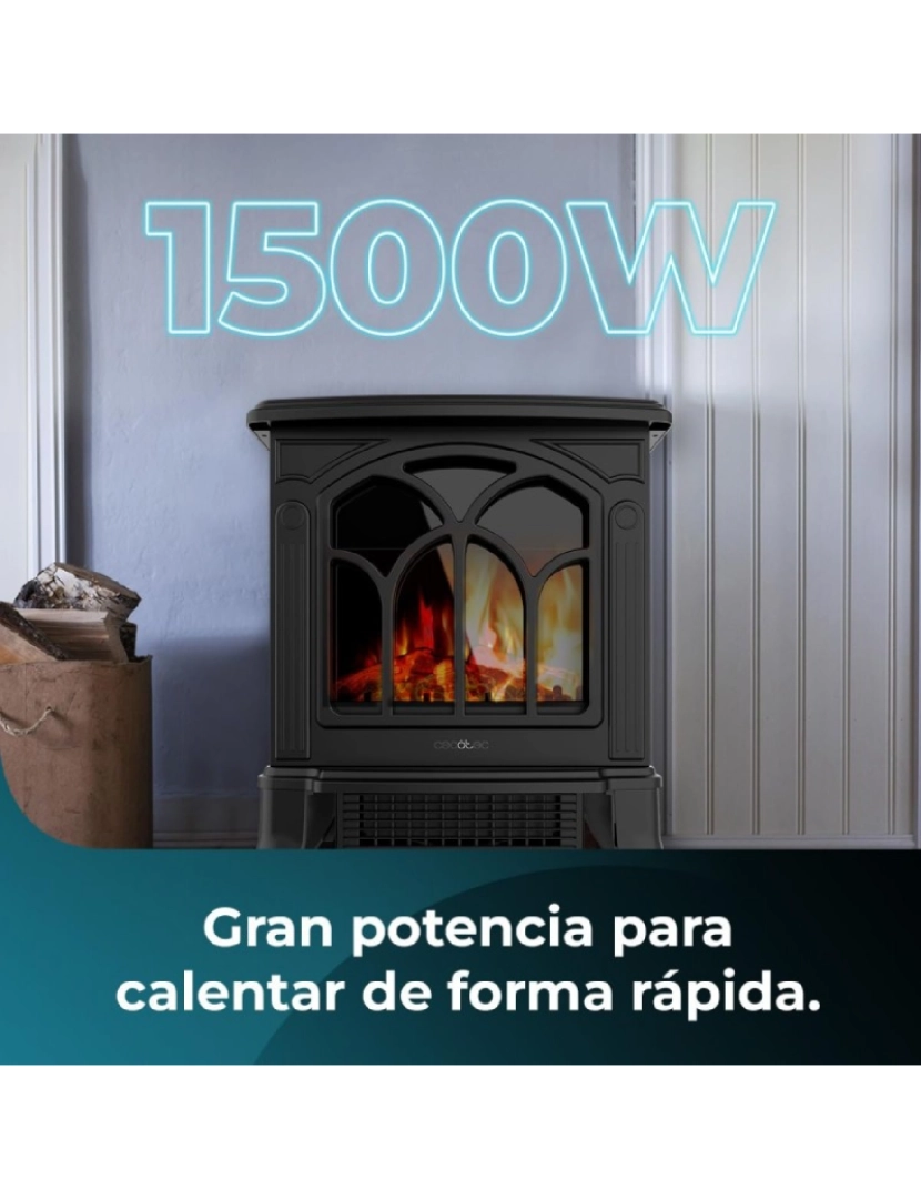 imagem de Cecotec Lareira elétrica com 1500 W de potência, 2 níveis de potência, termóstato ajustável e controlo das chamas.3