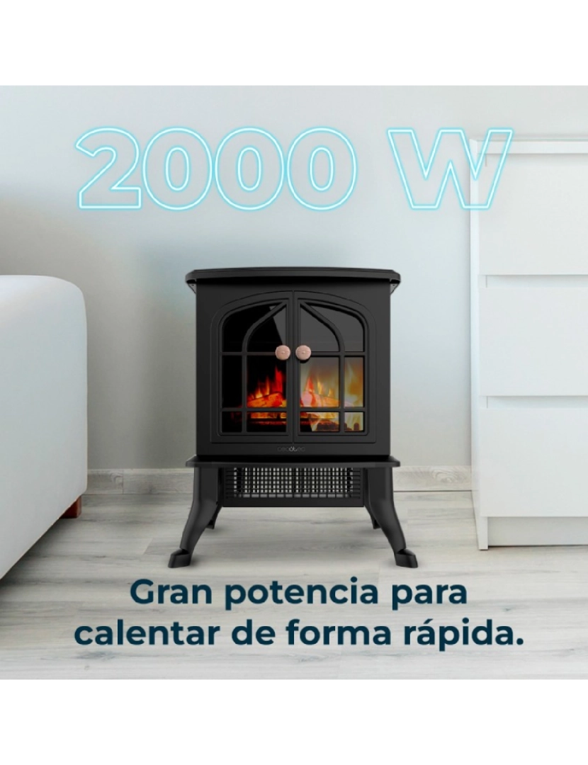 imagem de Cecotec Lareira elétrica com 2000 W de potência, 2 níveis de potência, termóstato ajustável e controlo das chamas.2