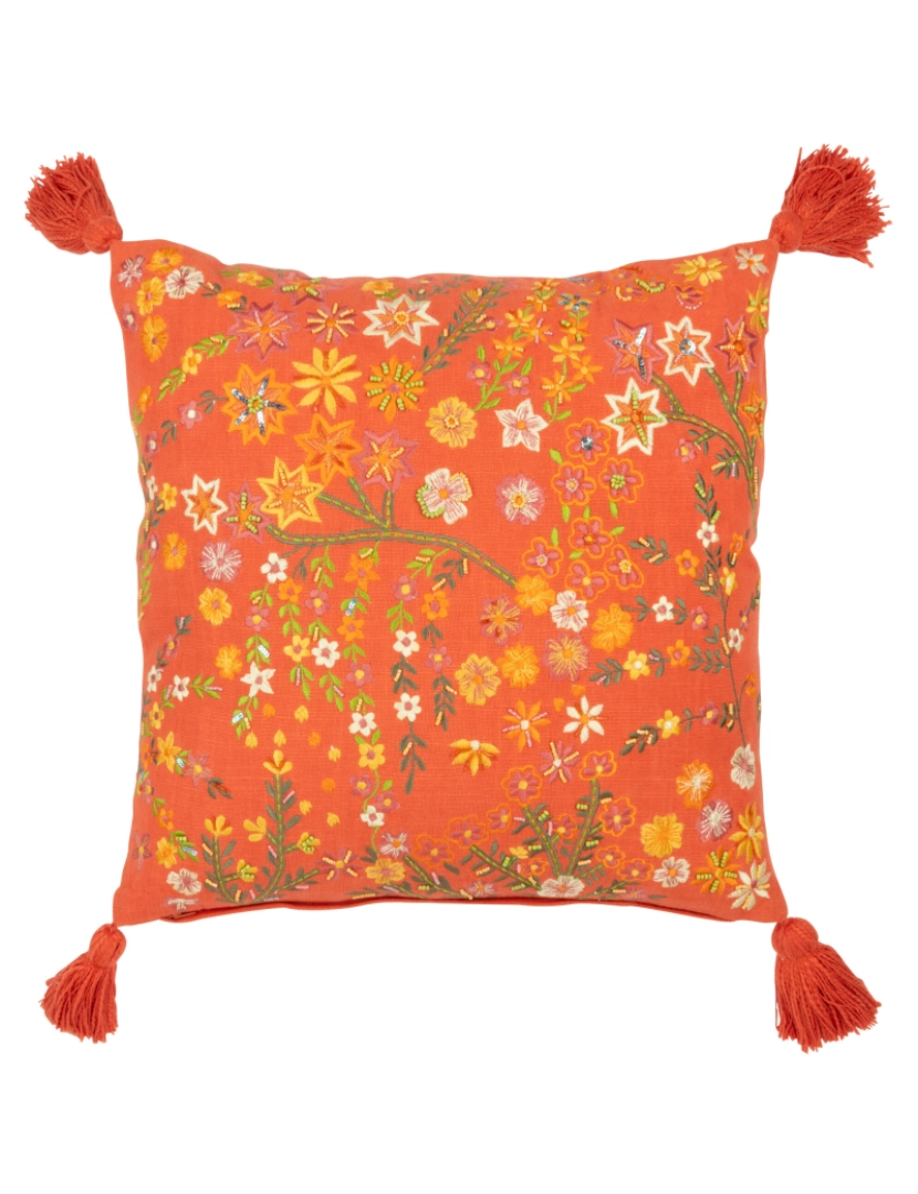 J-Line - J-Line Cushion Carre Flores +Floches algodão laranja