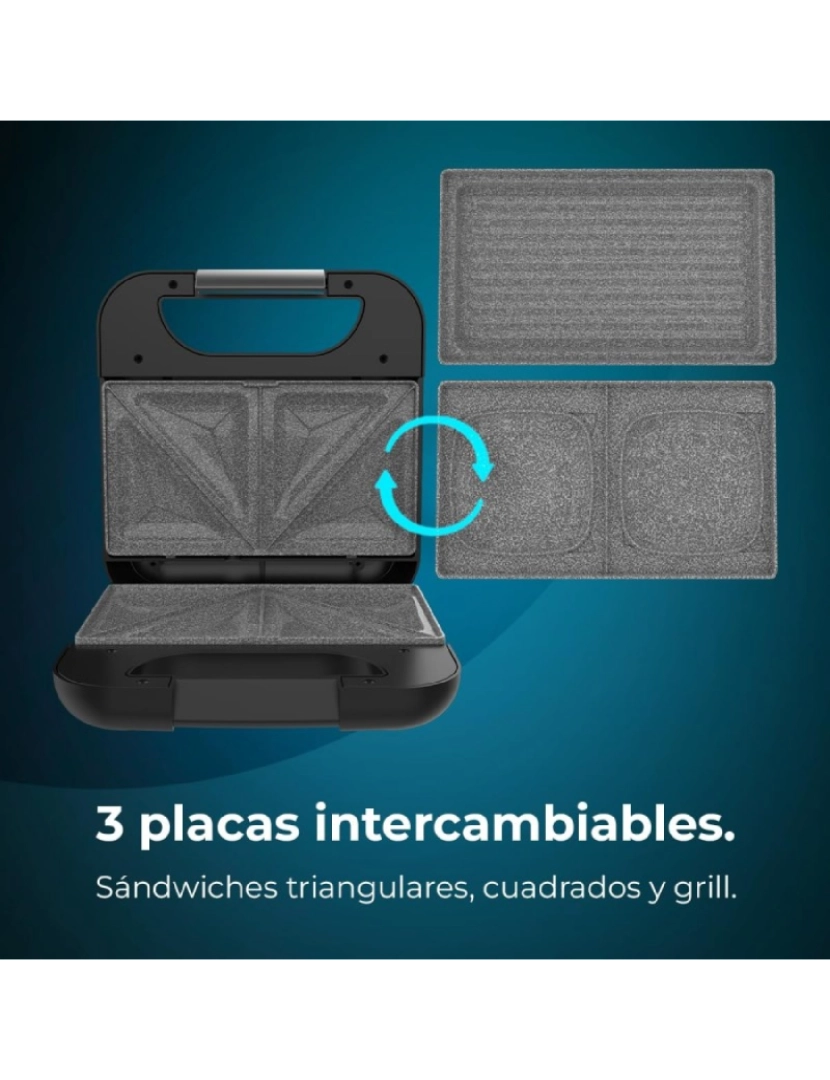 imagem de Cecotec Sanduicheira de 2 sanduíches com acabamentos em aço inoxidável, 800 W de potência, 3 placas intercambiáveis e revestimento antiaderente.2