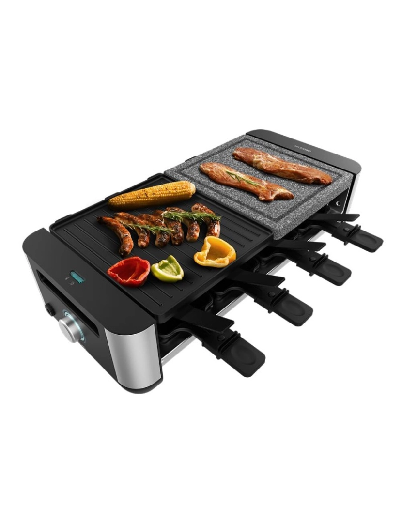 Cecotec - Cecotec Raclette de queijo e grill de 1400 W com grelha superior com duas placas e com acabamentos em aço inoxidável.