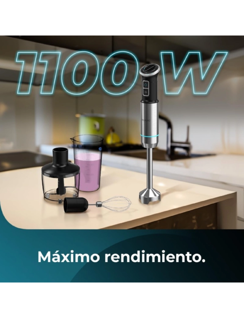 imagem de Cecotec Varinha mágica de 1100 W, tecnologia CrossBlades com lâminas de 4 folhas, revestimento de titânio preto, pé XL extracomprido, proteção antissalpicos e seletor de velocidade com função Pulse. Inclui copo de 800 ml com tampa.4