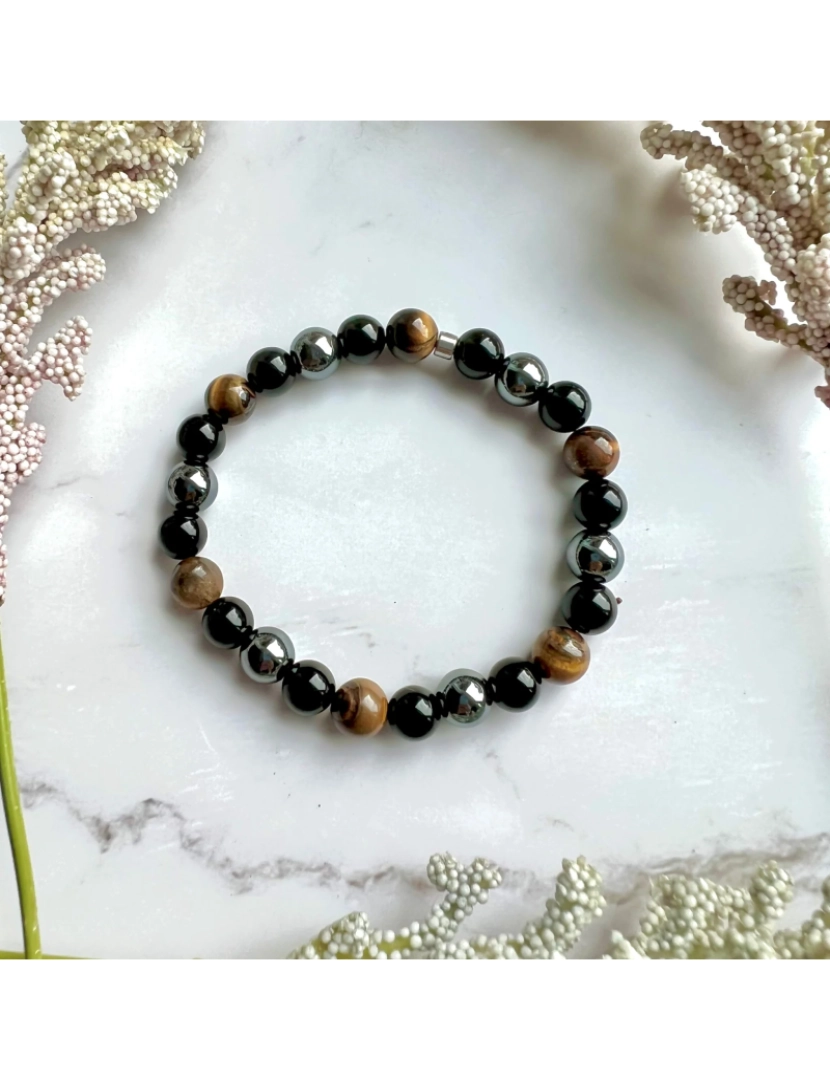 imagem de Triplo Tiger Eye Protection Pulseira, Hematite preta e obsidiana7