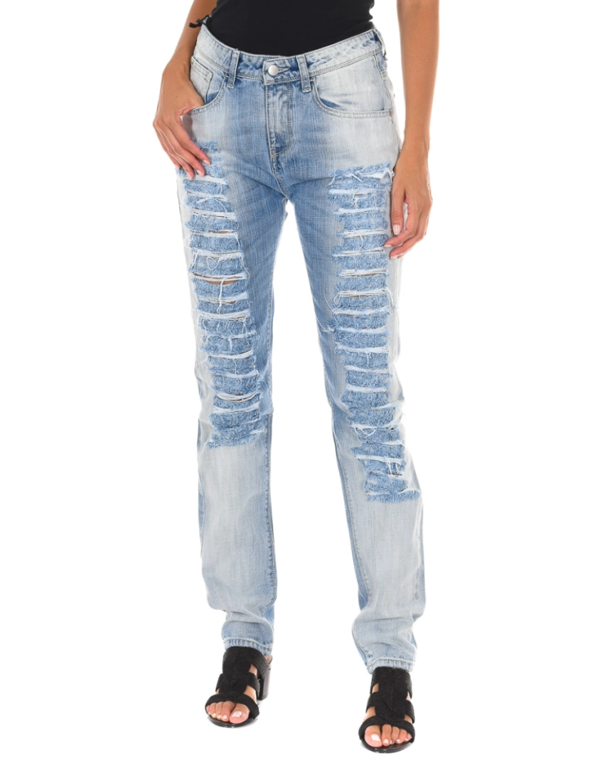 imagem de Calça jeans comprida desgastada e efeito rasgado 10DB50285 mulher1