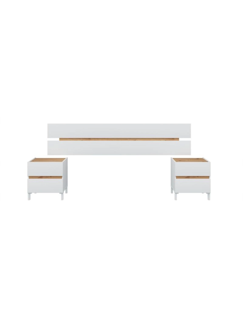 Duehome - Cabeceira Tempus com mesas de cabeceira Blanco Artik (Blanco Mate) - Roble Nodi 216 x 47 x 3 cm