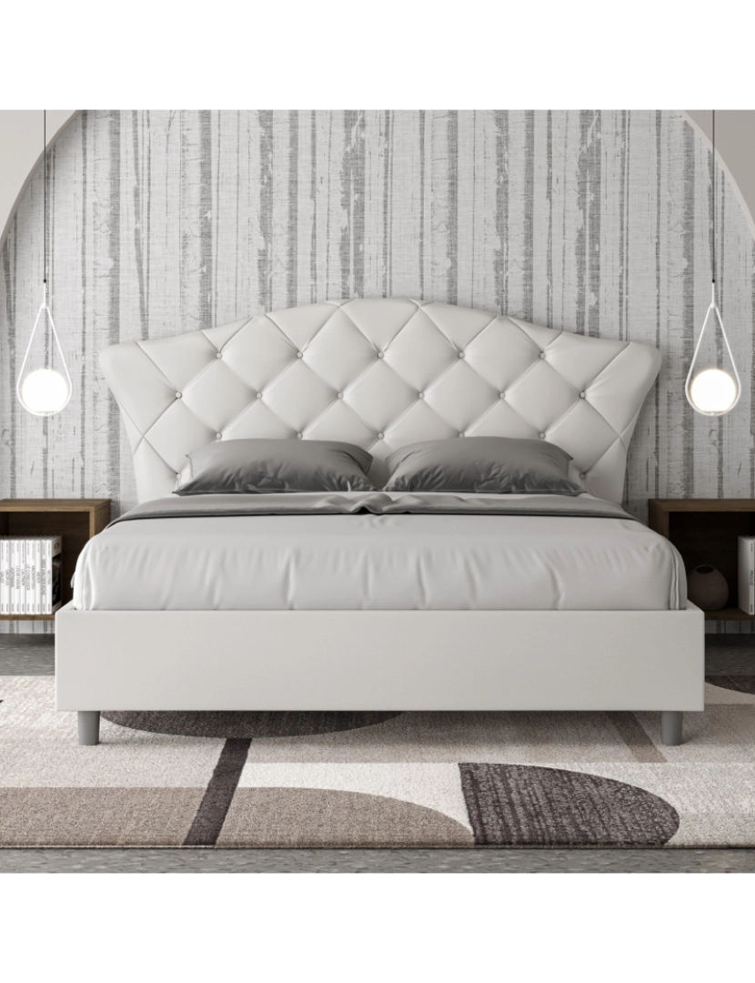 imagem de Cama de casal queen size con estrado estofada 160x200 pele sintética branco Langre2