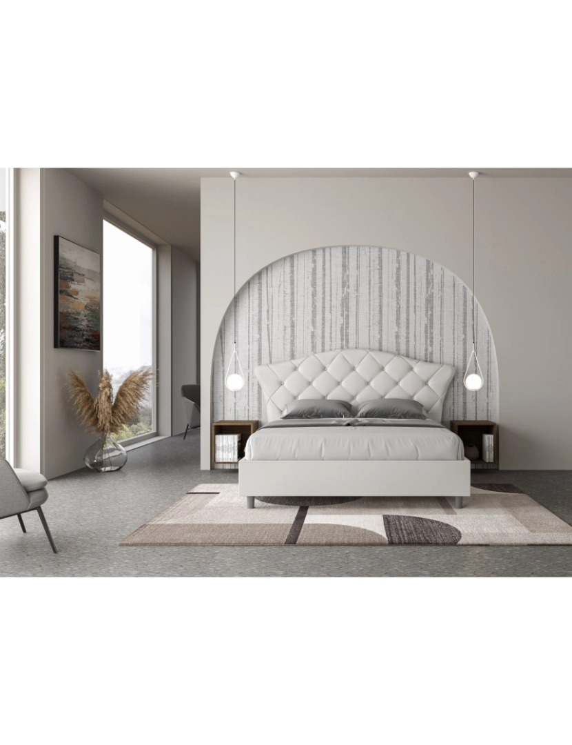 imagem de Cama de casal queen size con estrado estofada 160x200 pele sintética branco Langre3