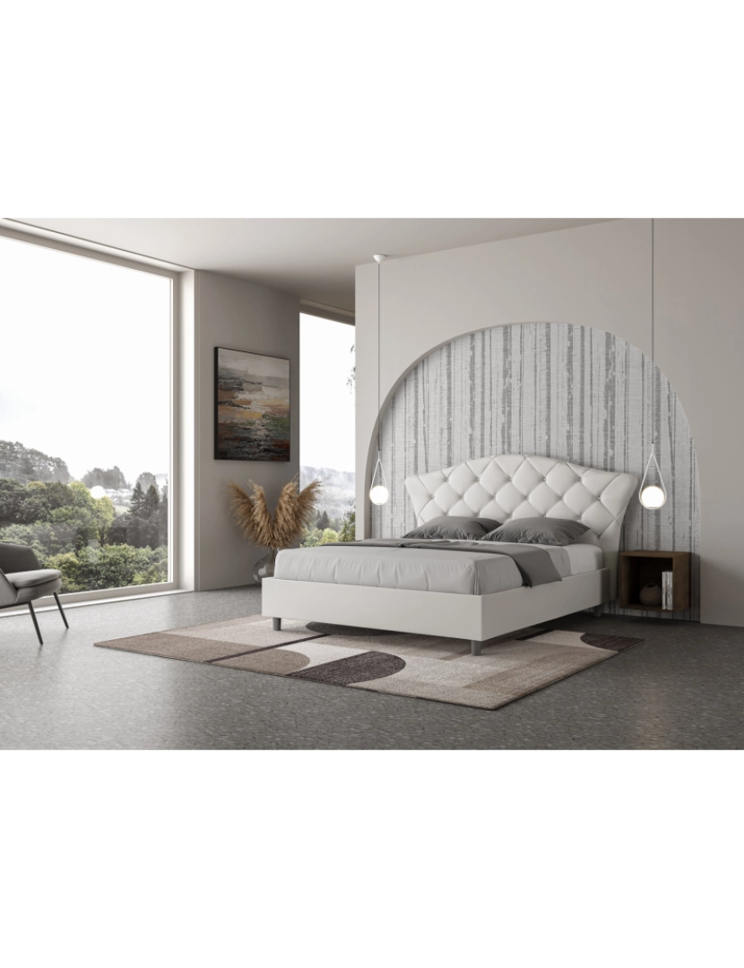 imagem de Cama de casal queen size con estrado estofada 160x200 pele sintética branco Langre4