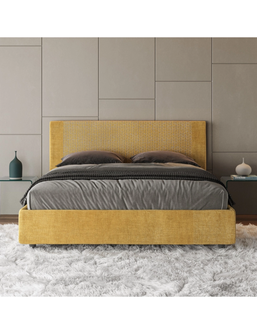 imagem de Cama de casal queen size con estrado estofada 160x200 tecido Labirinto 06 amarelo Rosal2