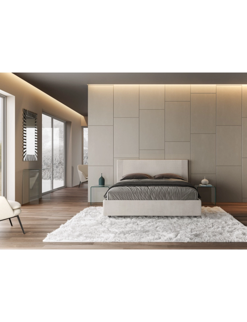 imagem de Cama de casal queen size con estrado estofada 160x200 tecido Labirinto 01 branco Rosal3