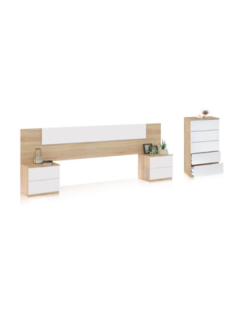 Duehome - Dormitorio Akari Blanco Artik (Blanco Mate) - Roble Canadian 247 x 95 x 38 cm