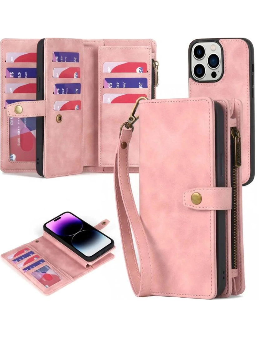 Antiimpacto! - Capa livro carteira fecho de correr para Iphone 8 Plus Rosa