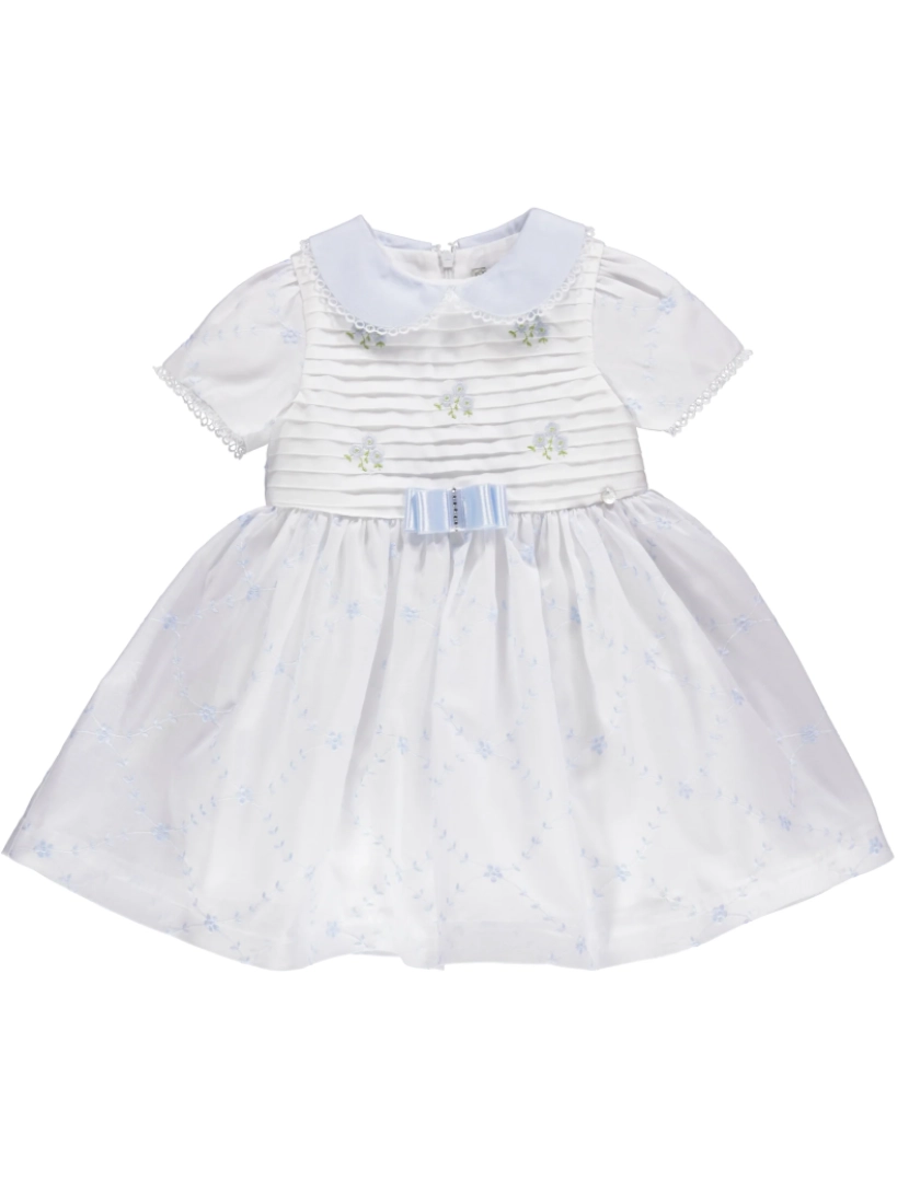 Piccola Speranza - Vestido branco e azul com bordado floral e laço