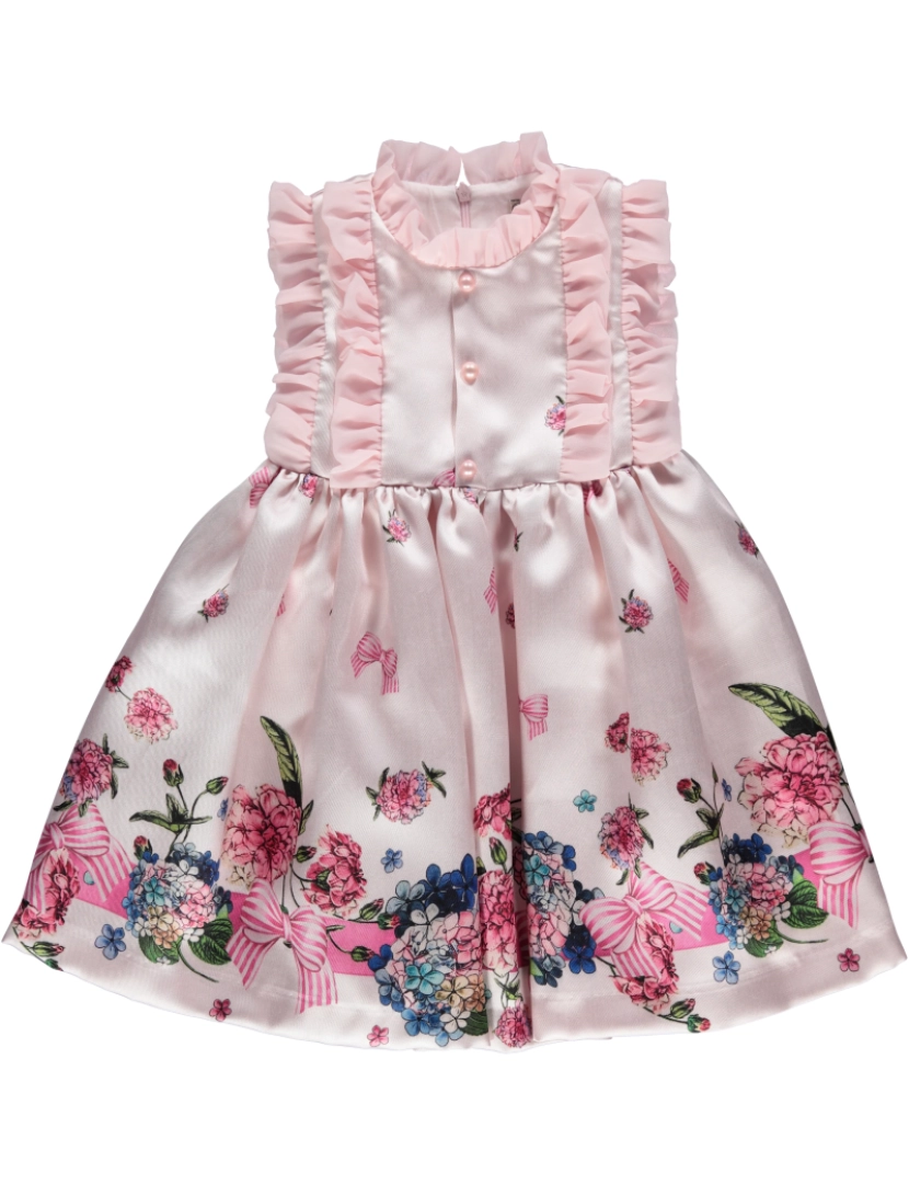 imagem de Vestido brilhante rosa com folhos e barra de padrão colorido1