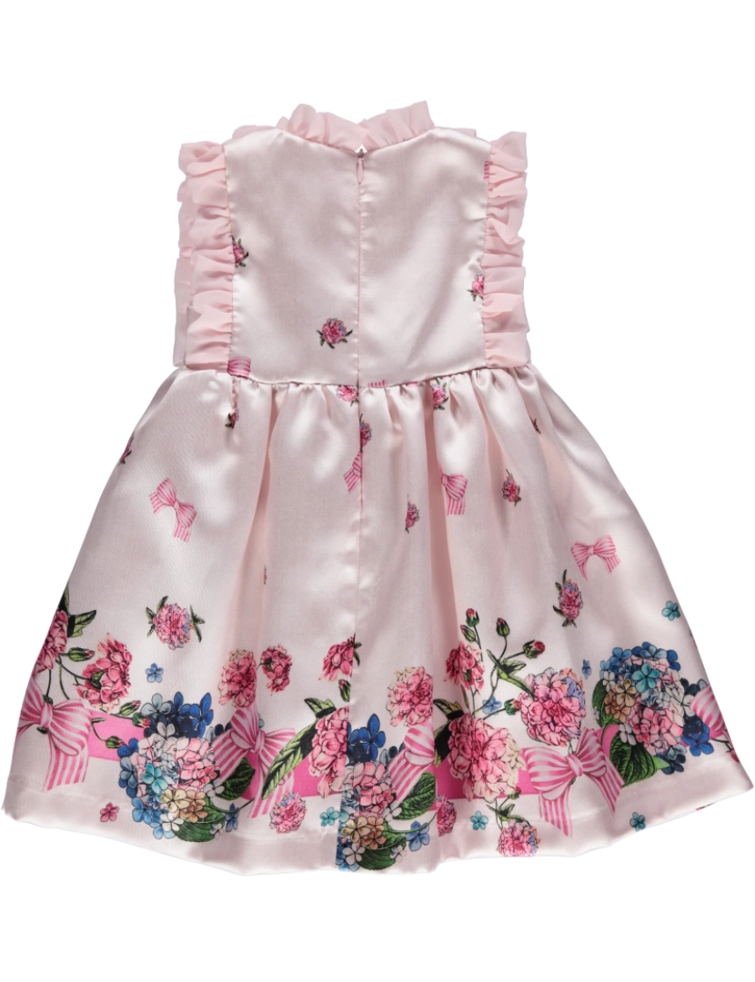 imagem de Vestido brilhante rosa com folhos e barra de padrão colorido3