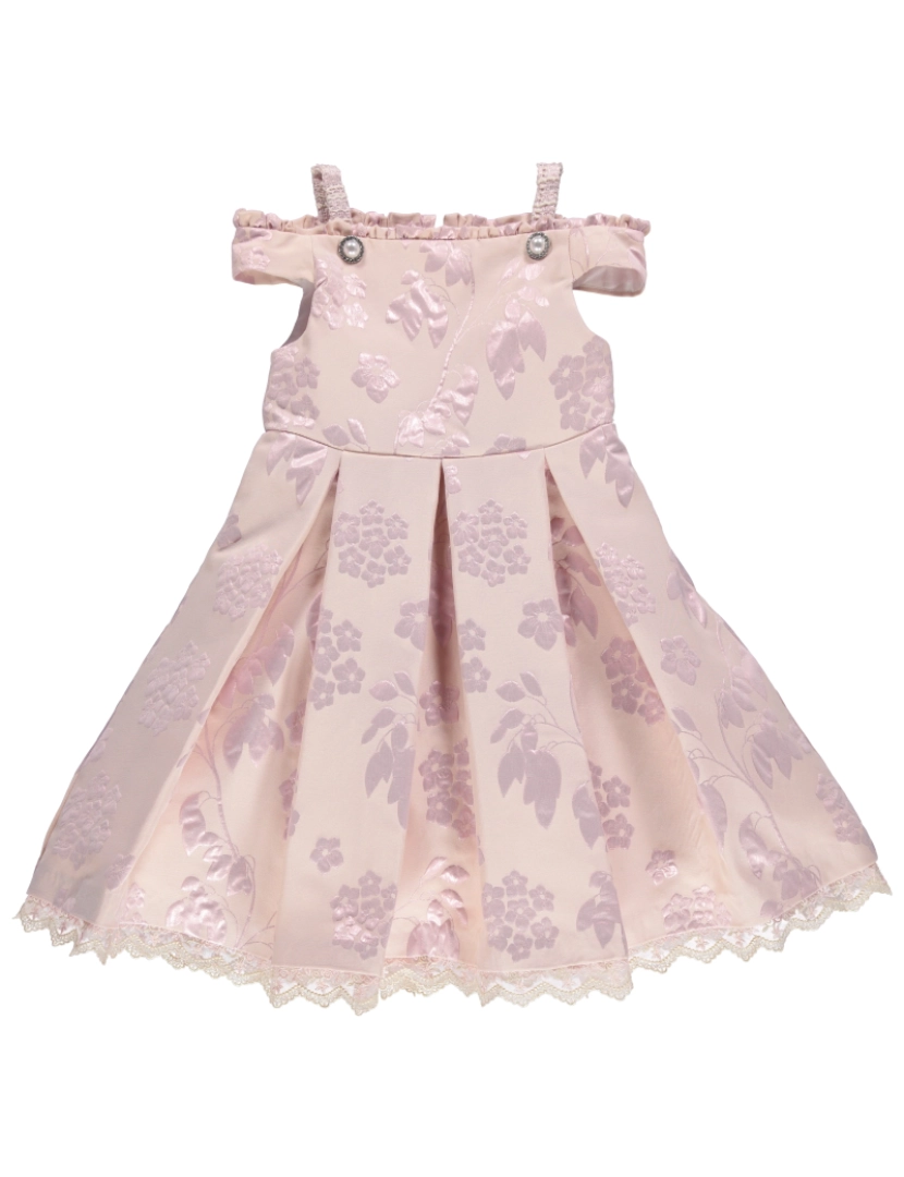 imagem de Vestido de festa rosa com padrão floral e renda1