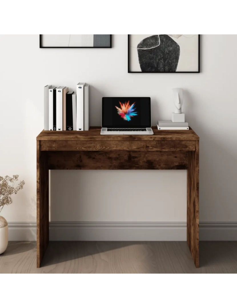imagem de Secretária，Mesa de estudo, Escrivaninha 90x40x72 cm derivados de madeira cor carvalho fumado CFW413243