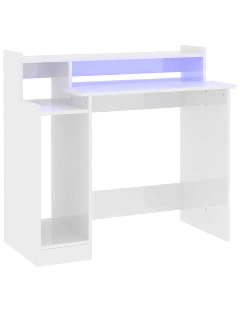 imagem de Secretária，Mesa de estudo, Escrivaninha c/ LED 97x45x90cm derivados madeira branco brilhante CFW159512