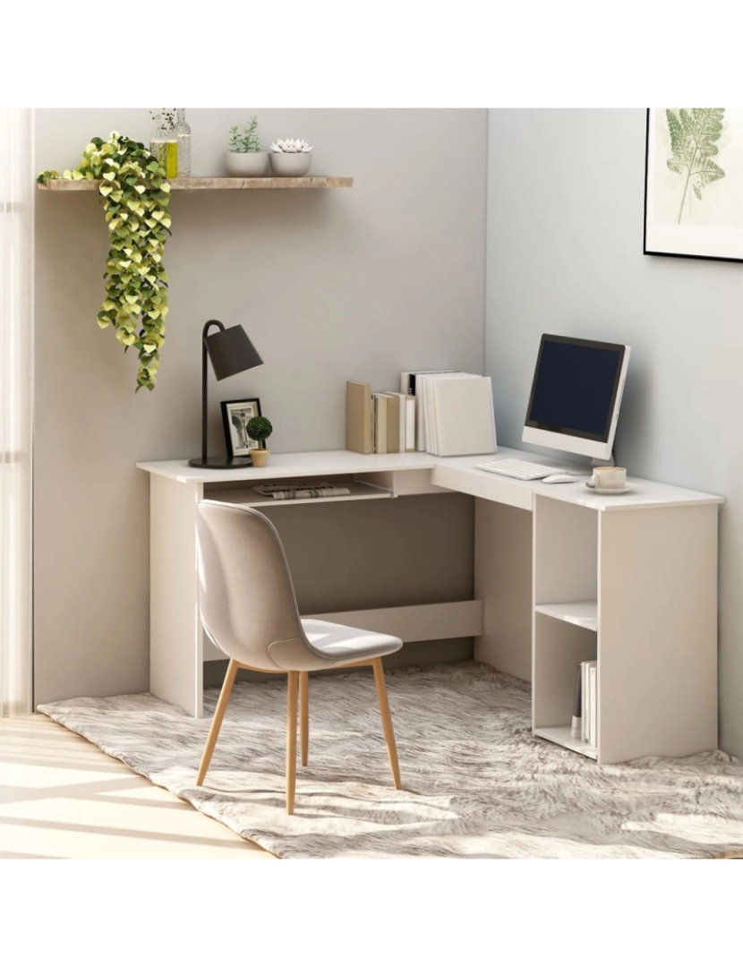 imagem de Secretária，Mesa de estudo, Escrivaninha de canto forma L 120x140x75 cm contraplacado branco CFW107931