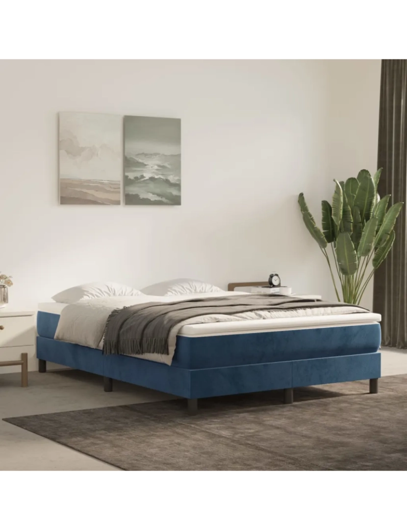 imagem de Cama Casal | Cama de adulto | Estrutura de cama com molas 140x190 cm veludo azul-escuro CFW4241281