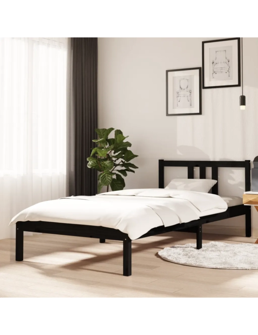 imagem de Cama Individual | Cama de adulto | Estrutura de cama 90x200 cm madeira maciça preto CFW8423351