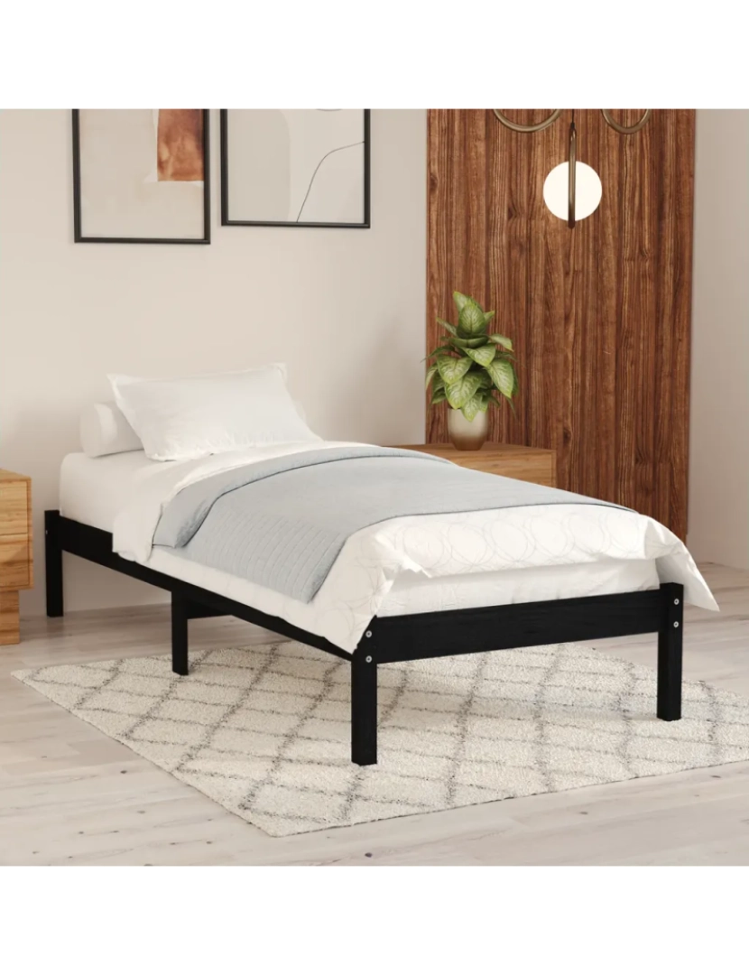 imagem de Cama Individual | Cama de adulto | Estrutura de cama solteiro 90x190 cm madeira maciça preto CFW1637331