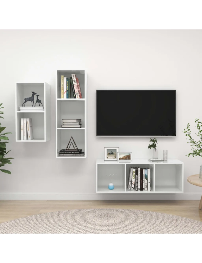 imagem de 3 pcs conjunto de móveis de TV，Mobiliário TV de Salon，Combinação Móvel TV contraplacado branco brilhante CFW8447921
