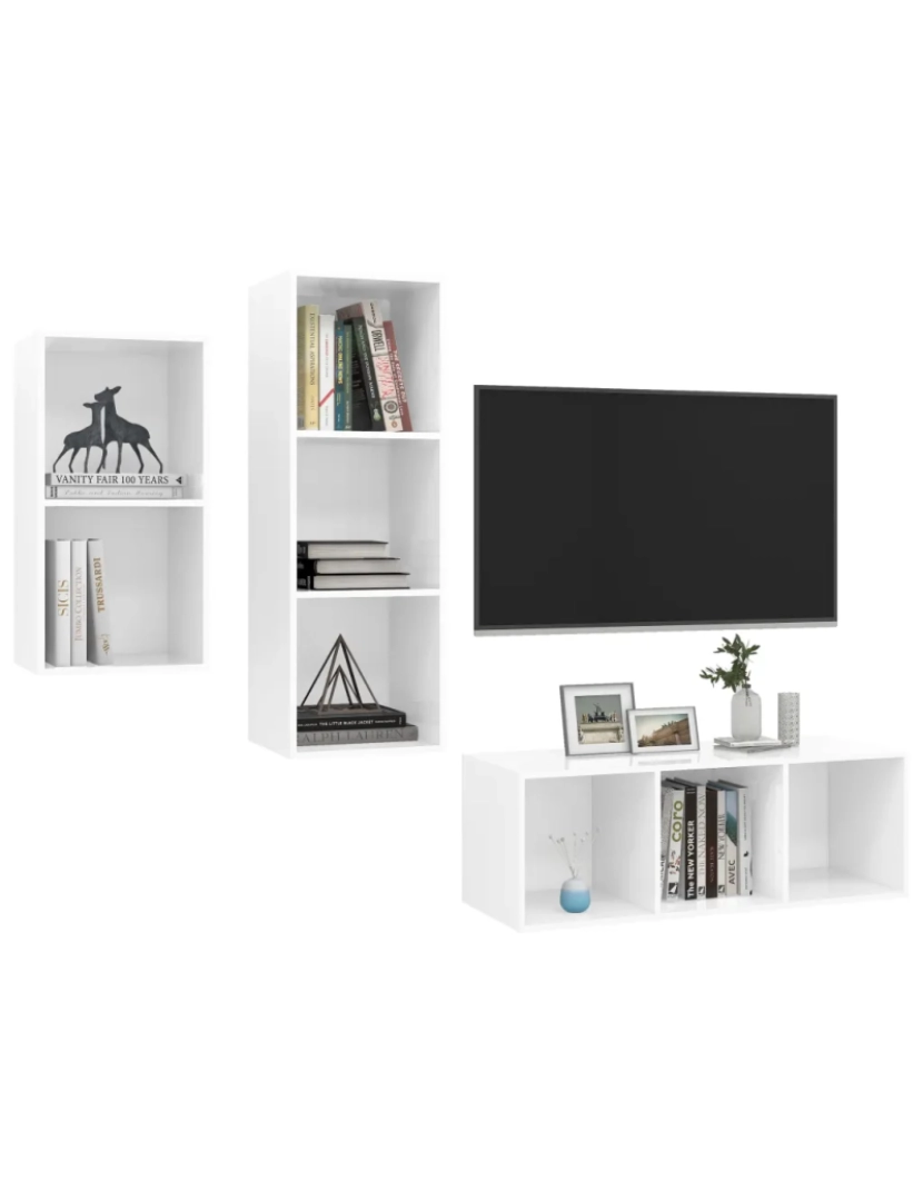 imagem de 3 pcs conjunto de móveis de TV，Mobiliário TV de Salon，Combinação Móvel TV contraplacado branco brilhante CFW8447923