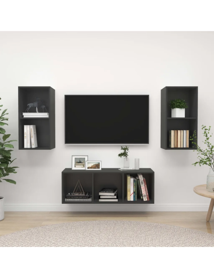 imagem de 3 pcs conjunto de móveis de TV，Mobiliário TV de Salon，Combinação Móvel TV contraplacado cinzento CFW1650721