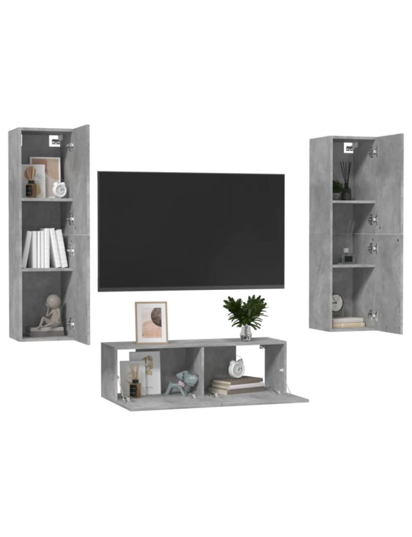 imagem de 3 pcs conjunto de móveis de TV，Mobiliário TV de Salon，Combinação Móvel TV contraplacado cinzento cimento CFW5521013