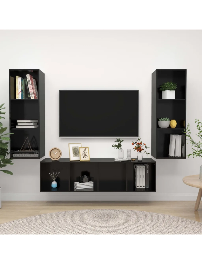 imagem de 3 pcs conjunto de móveis de TV，Mobiliário TV de Salon，Combinação Móvel TV contraplacado preto brilhante CFW7055971