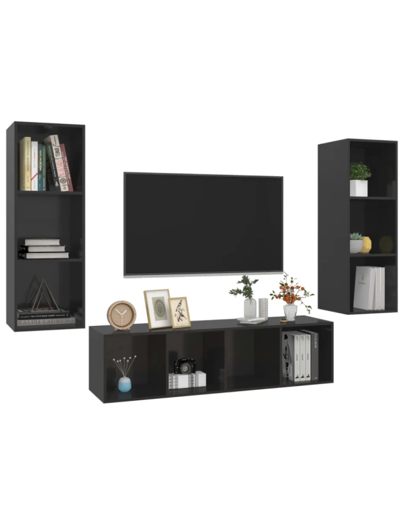 imagem de 3 pcs conjunto de móveis de TV，Mobiliário TV de Salon，Combinação Móvel TV contraplacado preto brilhante CFW7055973