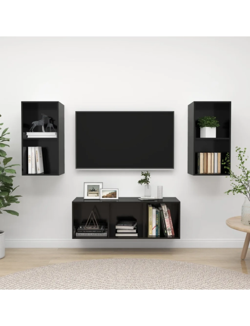 imagem de 3 pcs conjunto de móveis de TV，Mobiliário TV de Salon，Combinação Móvel TV contraplacado preto brilhante CFW8469491