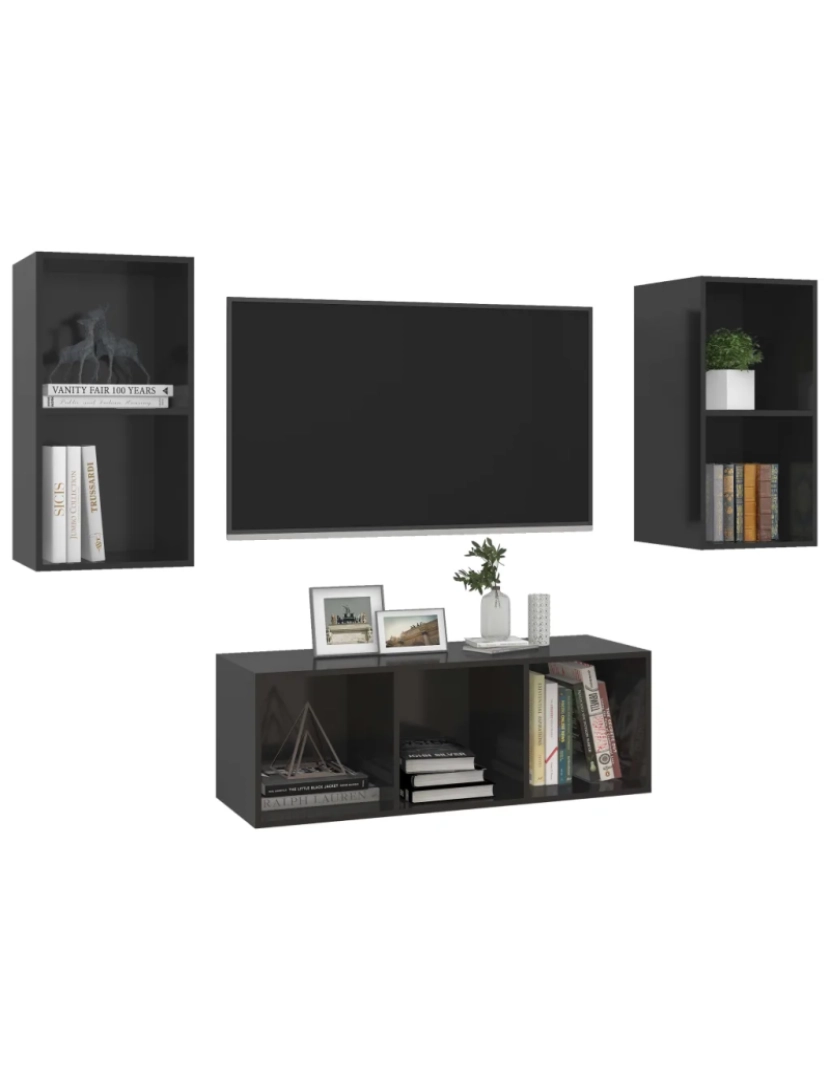 imagem de 3 pcs conjunto de móveis de TV，Mobiliário TV de Salon，Combinação Móvel TV contraplacado preto brilhante CFW8469493