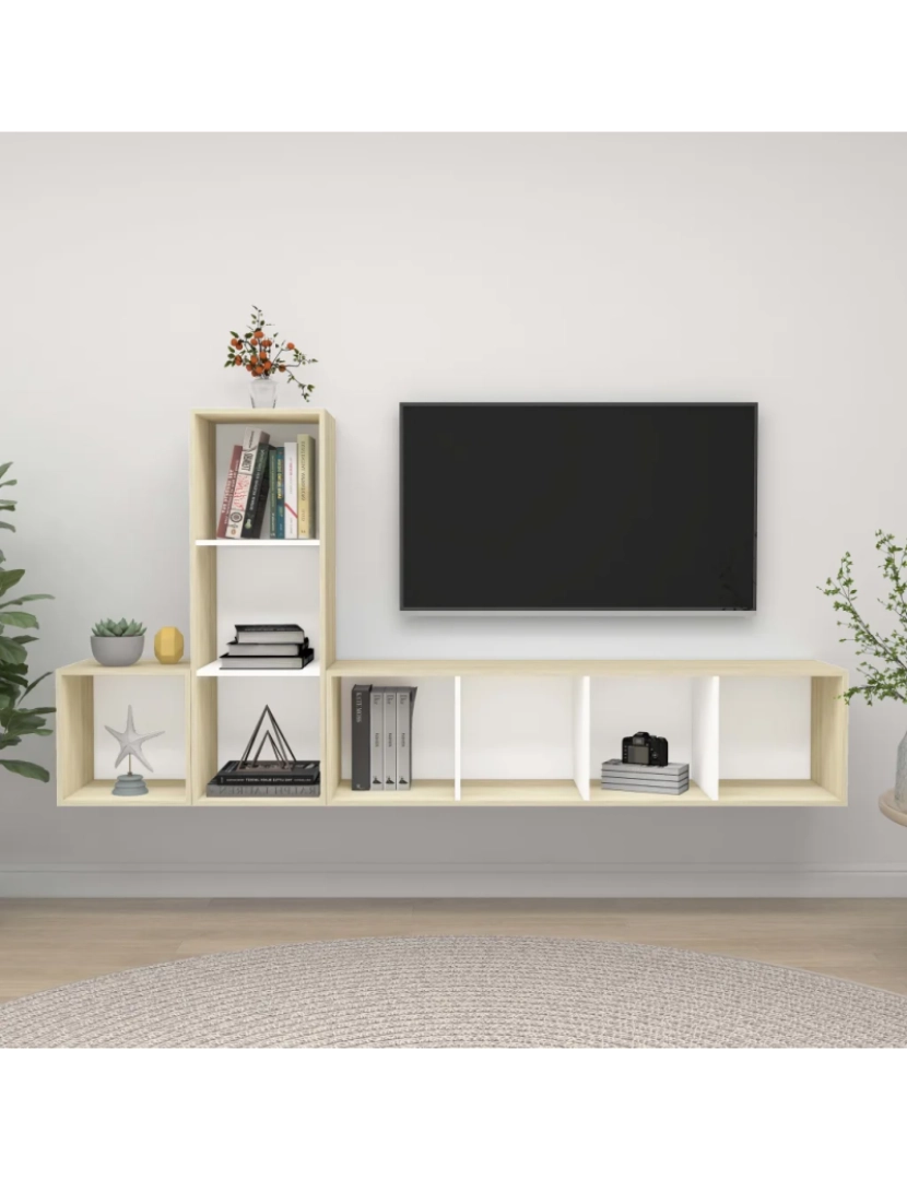 imagem de 3 pcs conjunto móveis de TV，Mobiliário TV de Salon，Combinação Móvel TV contraplacado branco e carv. sonoma CFW1097421