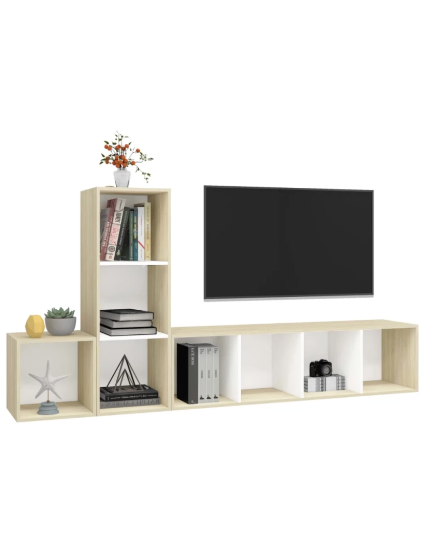 imagem de 3 pcs conjunto móveis de TV，Mobiliário TV de Salon，Combinação Móvel TV contraplacado branco e carv. sonoma CFW1097423
