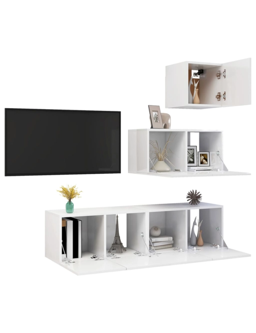 imagem de 4 pcs conjunto de móveis de TV，Mobiliário TV de Salon，Combinação Móvel TV contraplacado branco brilhante CFW9382013